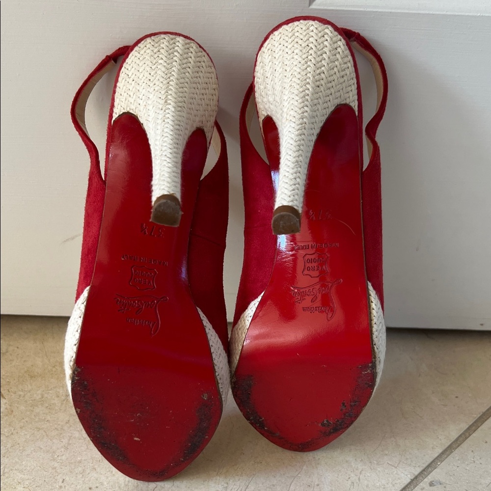 Christian Louboutin Red Suede Slingback Platform Heels - Picture 6 of 8